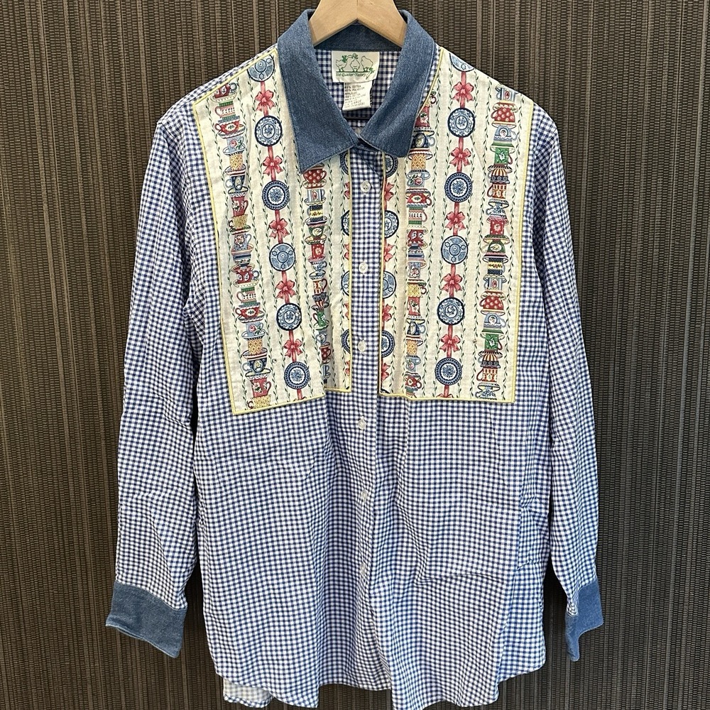Quacker Factory Womens Shirt‎ Large Blue Gingham Teacup Applique Denim Trim Top